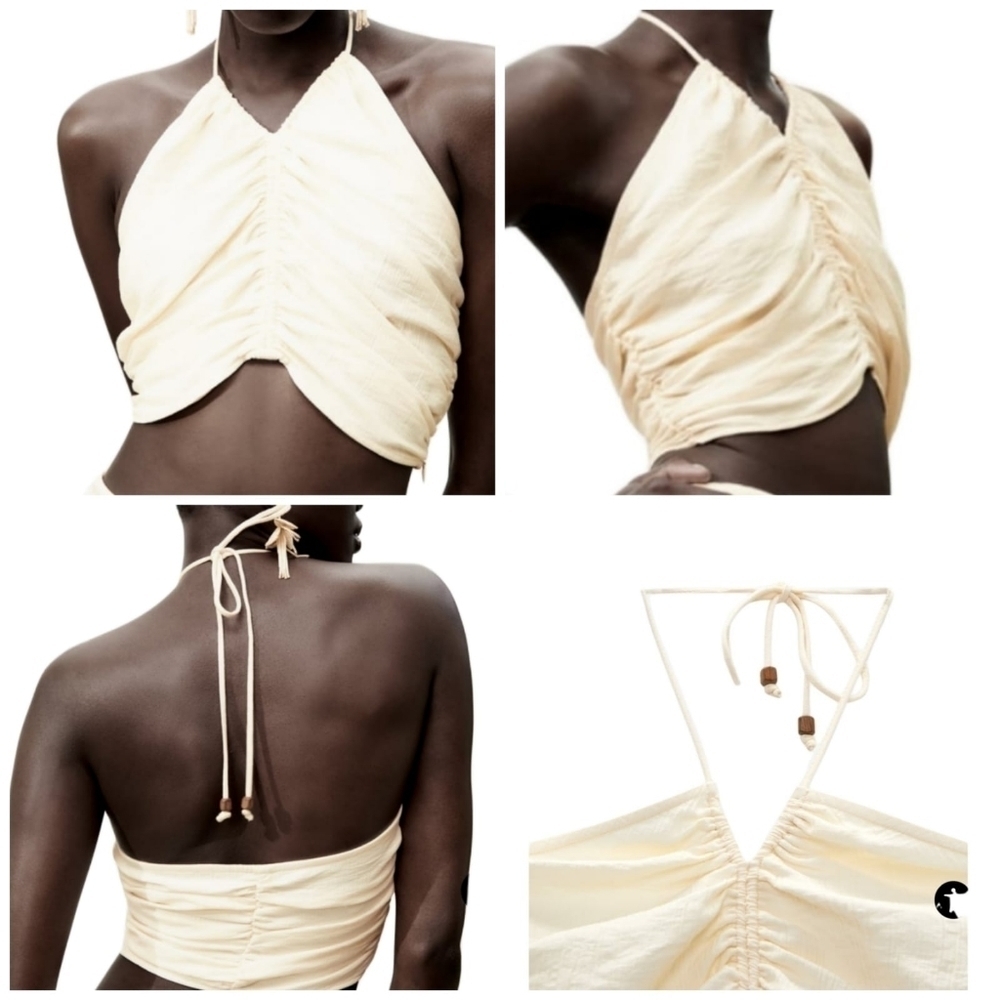 Zara draped top SS22 v neck Thin Strap V Neck Beige  adjustable tie 3265/403